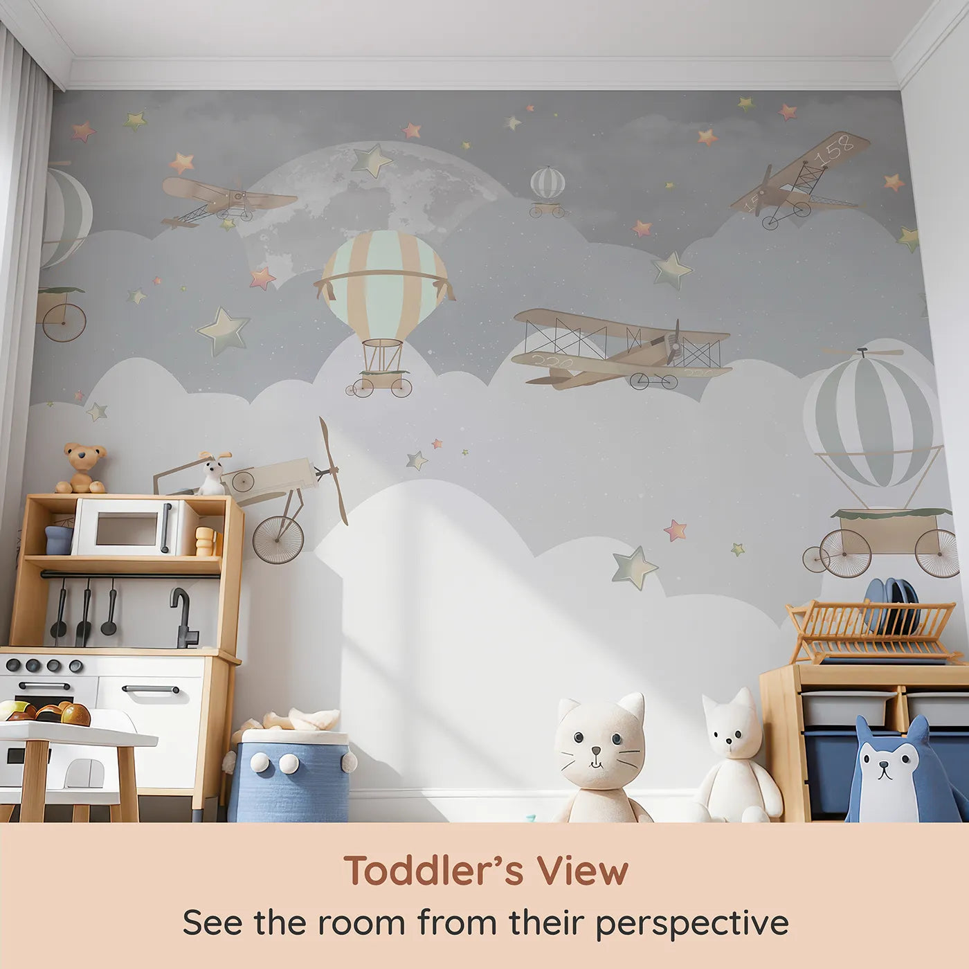 Whimsy Tots Vintage Night Flight Wall Mural (Turn Their Room into a Magical, Moonlit Journey) from your child's view.Gender-Neutral