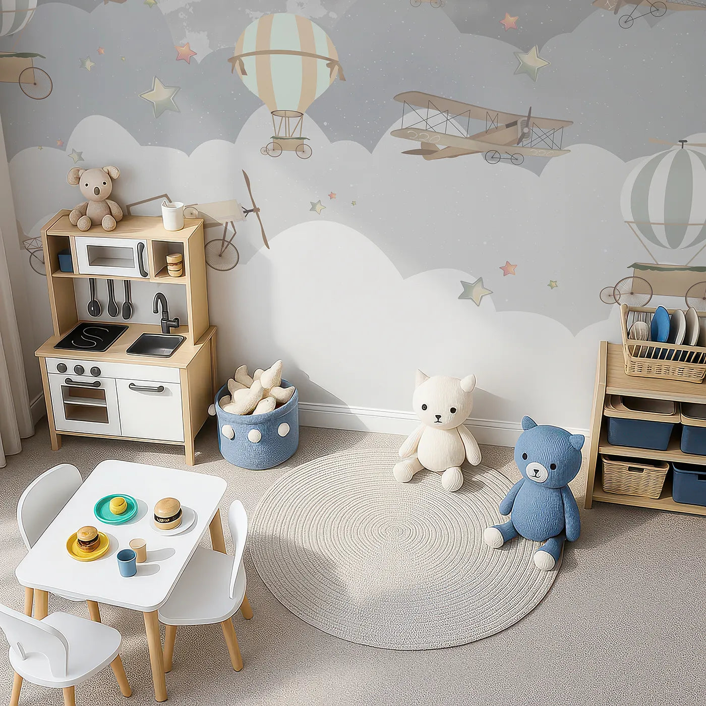 Top-down view of Whimsy Tots' Vintage Night Flight Wall Mural (Turn Their Room into a Magical, Moonlit Journey).Gender-Neutral