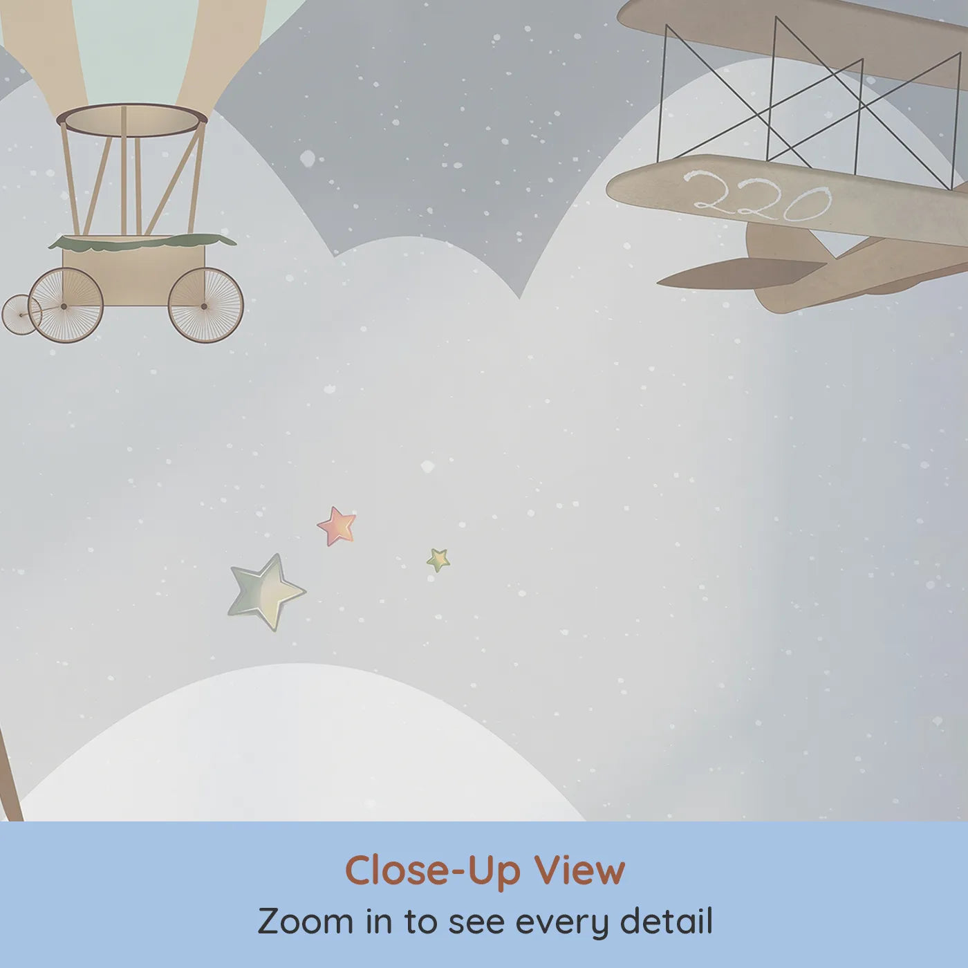 Close-up view of Whimsy Tots' Vintage Night Flight Wall Mural (Turn Their Room into a Magical, Moonlit Journey).Gender-Neutral