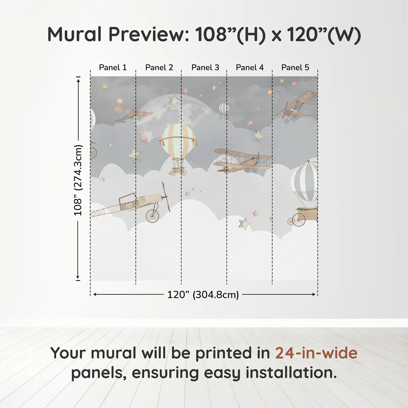 Whimsy Tots Vintage Night Flight Wall Muraldimension view (108" H x 120" W). Printed in five 24-inch-wide panels. Gender-Neutral