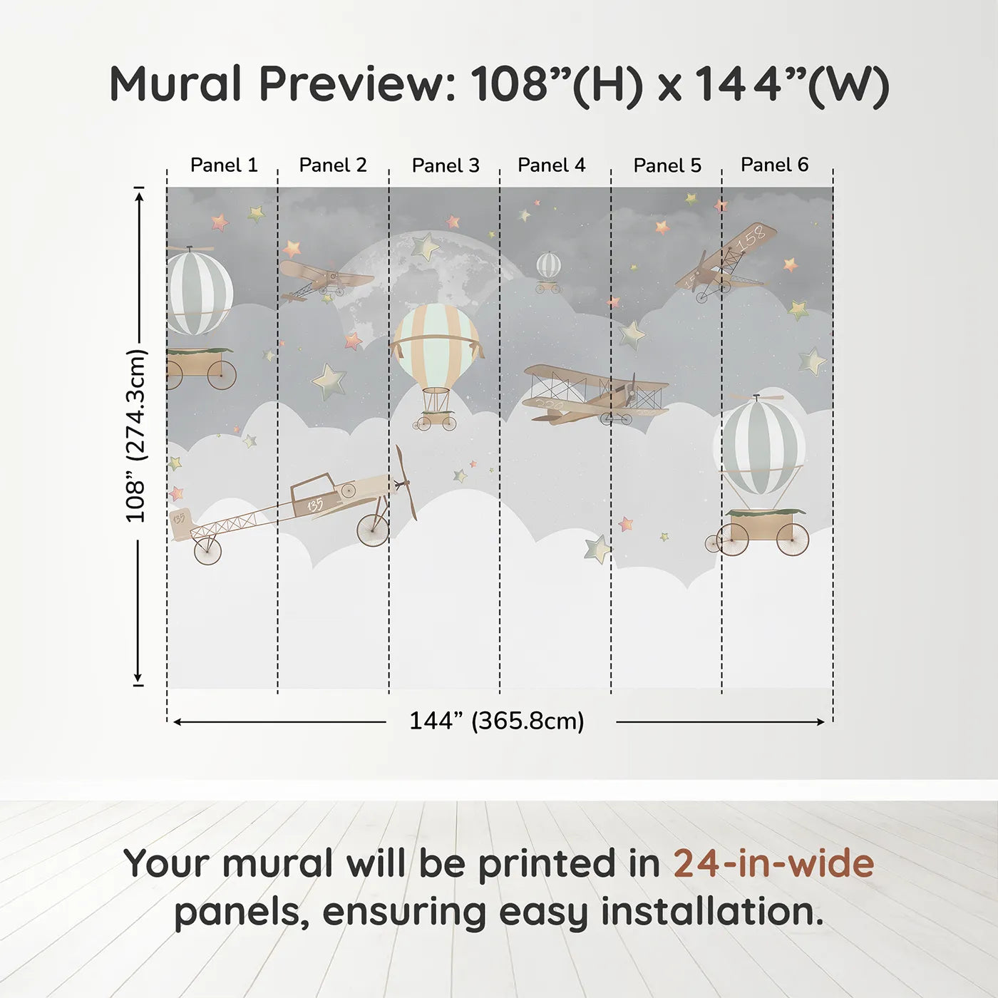 Whimsy Tots Vintage Night Flight Wall Muraldimension view (108" H x 144" W). Printed in six 24-inch-wide panels. Gender-Neutral