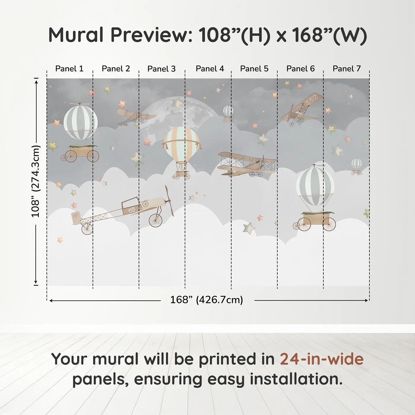 Whimsy Tots Vintage Night Flight Wall Muraldimension view (108" H x 168" W). Printed in seven 24-inch-wide panels. Gender-Neutral