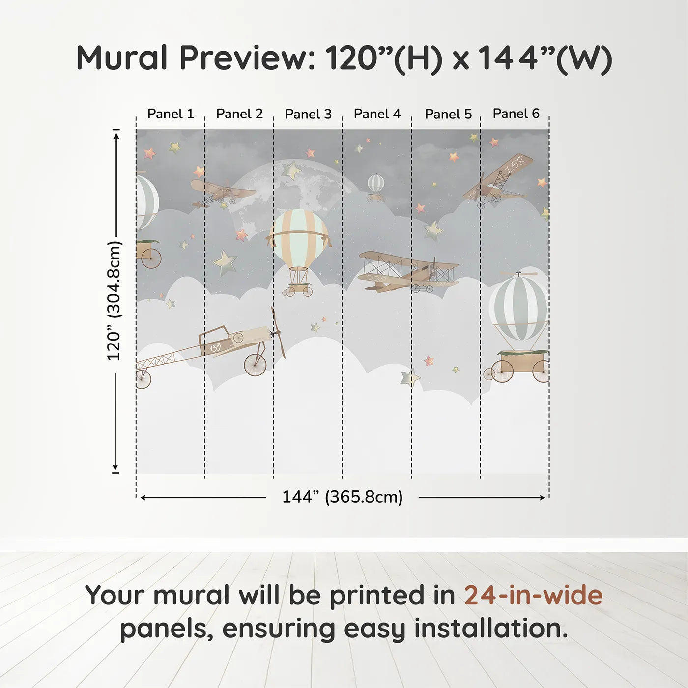 Whimsy Tots Vintage Night Flight Wall Muraldimension view (120" H x 144" W). Printed in six 24-inch-wide panels. Gender-Neutral