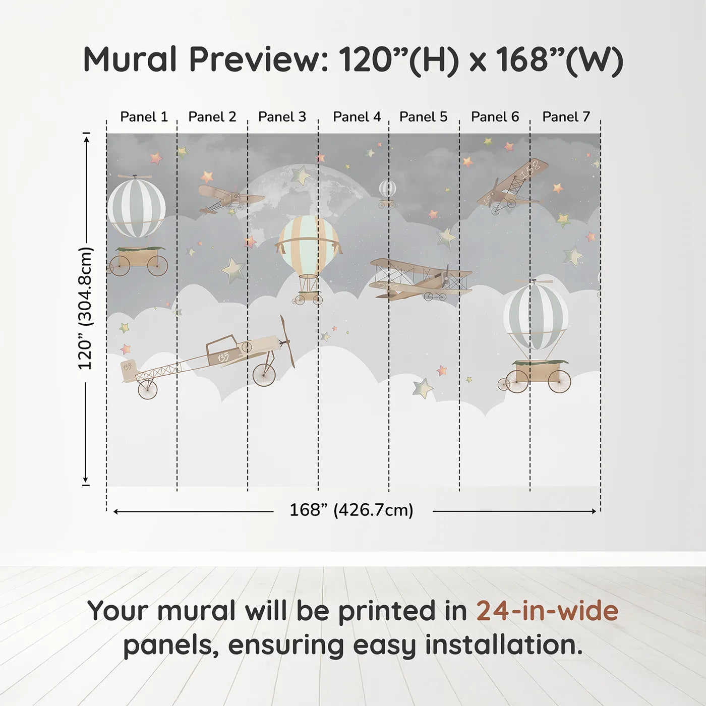 Whimsy Tots Vintage Night Flight Wall Muraldimension view (120" H x 168" W). Printed in seven 24-inch-wide panels. Gender-Neutral