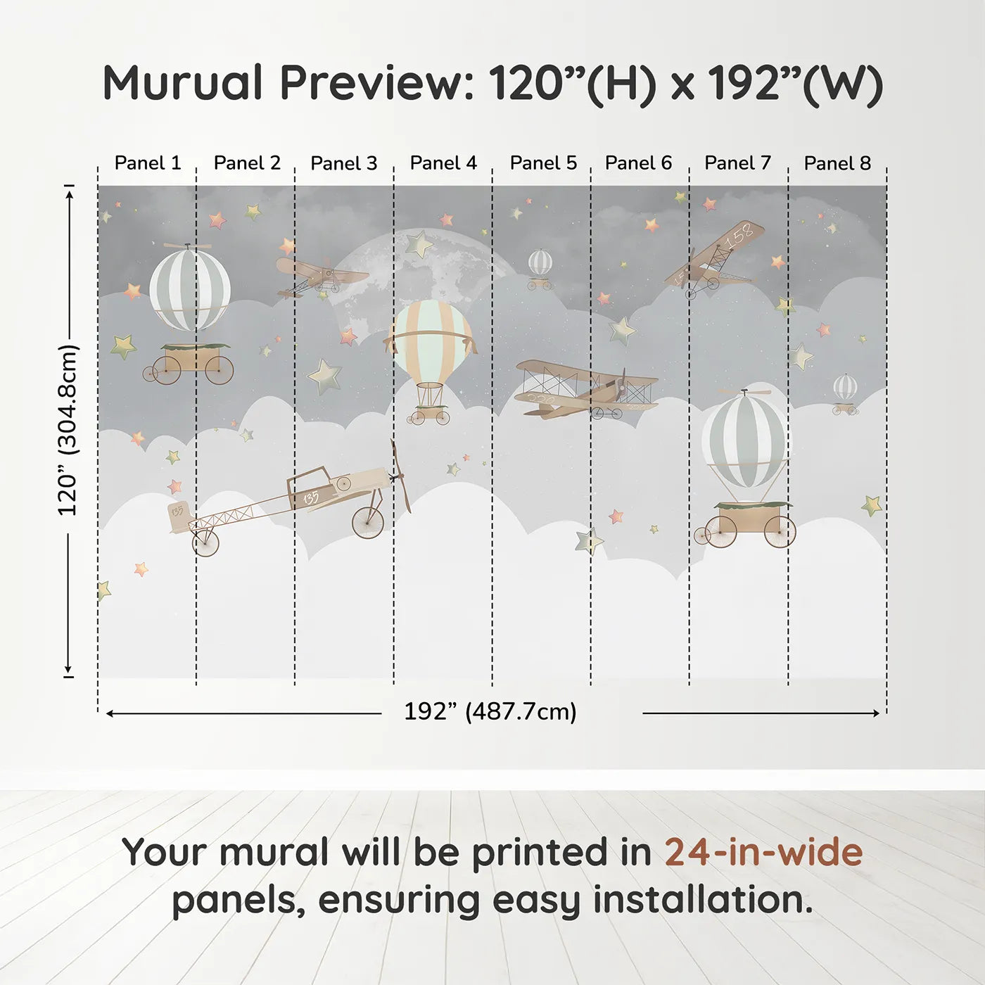 Whimsy Tots Vintage Night Flight Wall Muraldimension view (120" H x 192" W). Printed in eight 24-inch-wide panels. Gender-Neutral