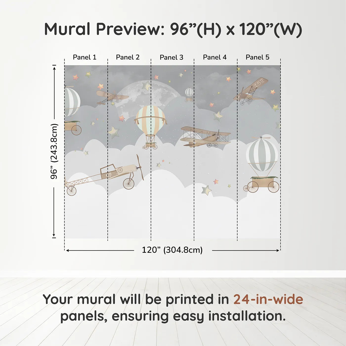 Whimsy Tots Vintage Night Flight Wall Muraldimension view (96" H x 120" W). Printed in five 24-inch-wide panels. Gender-Neutral