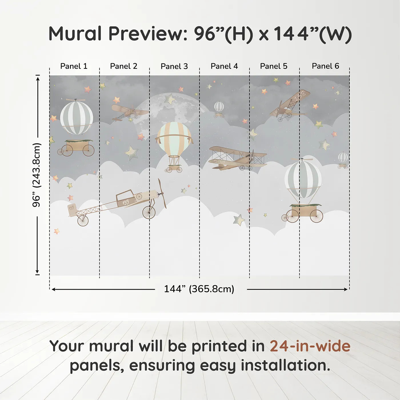 Whimsy Tots Vintage Night Flight Wall Muraldimension view (96" H x 144" W). Printed in six 24-inch-wide panels. Gender-Neutral