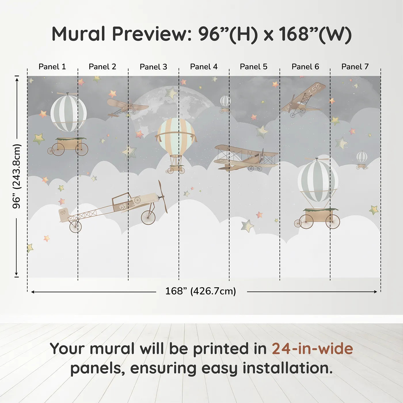 Whimsy Tots Vintage Night Flight Wall Muraldimension view (96" H x 168" W). Printed in seven 24-inch-wide panels. Gender-Neutral