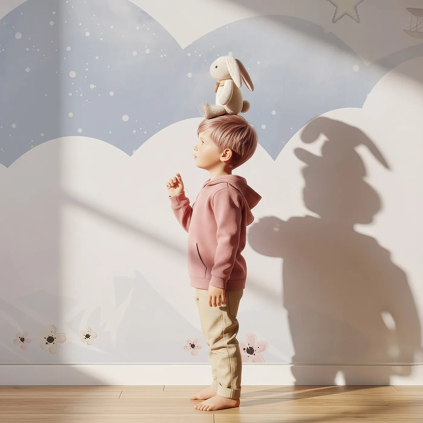Child in front of Whimsy Tots Dreamy Sky Adventure Wall Mural with airplane, vintage, sky, snow, star, cloud, dreamy, blue in design.