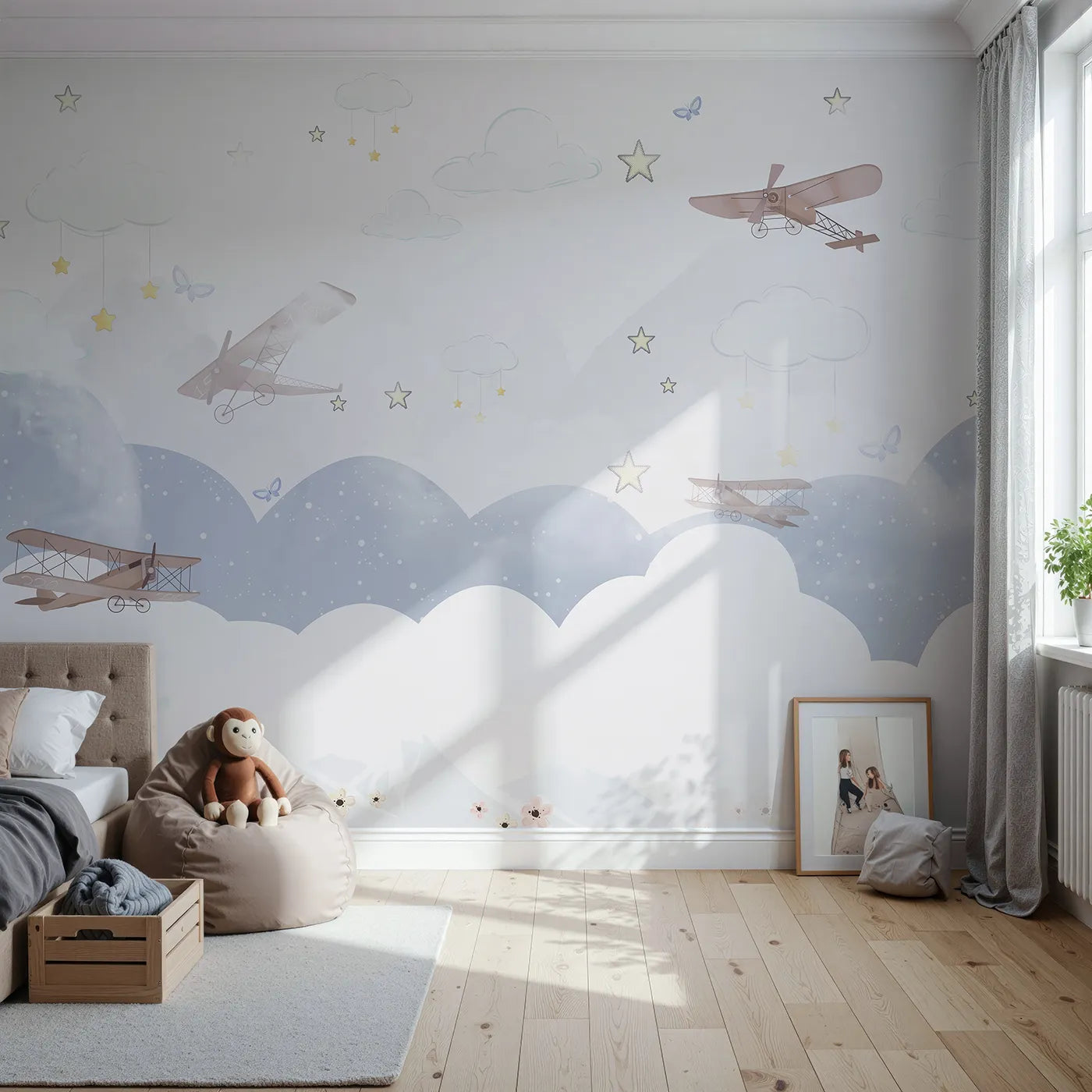 Front view of Whimsy Tots' Dreamy Sky Adventure Wall Mural