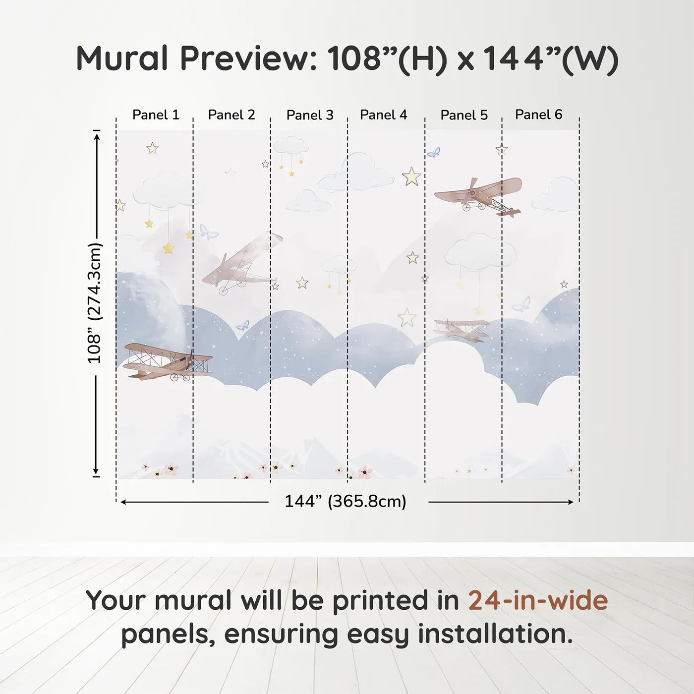 Whimsy Tots Dreamy Sky Adventure Wall Muraldimension view (108" H x 144" W). Printed in six 24-inch-wide panels. Gender-Neutral