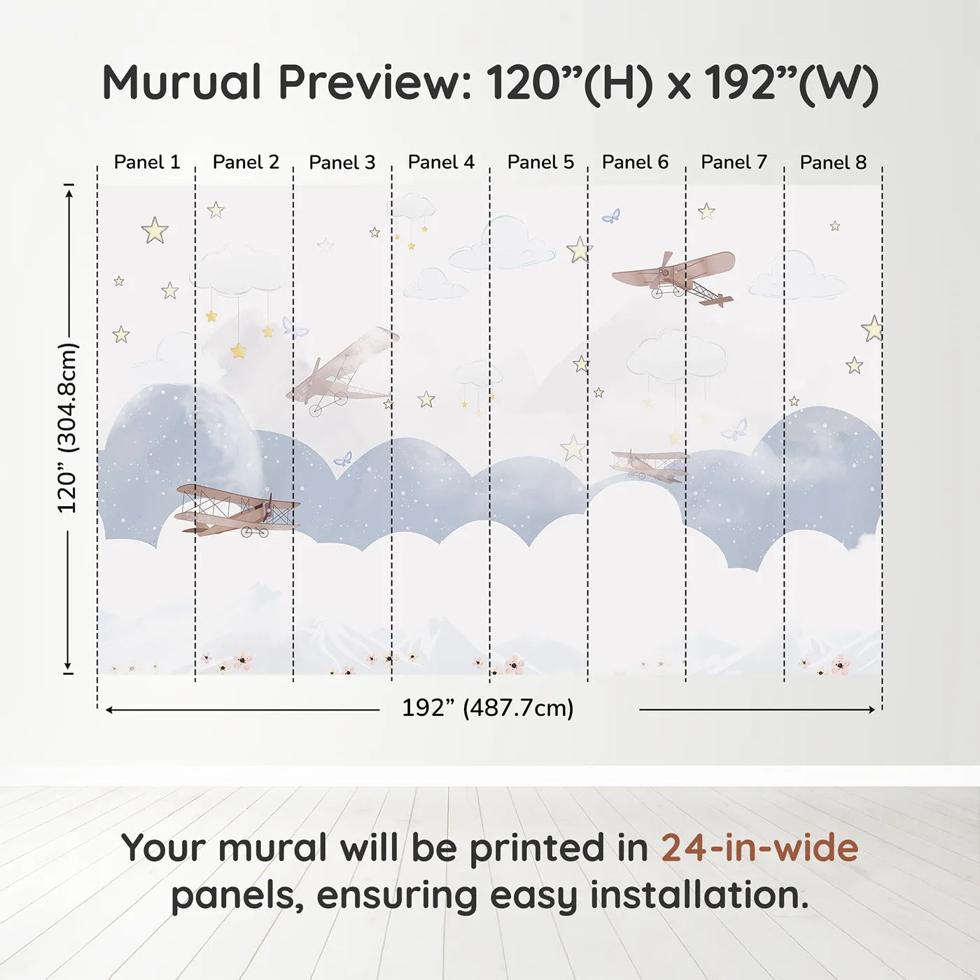 Whimsy Tots Dreamy Sky Adventure Wall Muraldimension view (120" H x 192" W). Printed in eight 24-inch-wide panels. Gender-Neutral