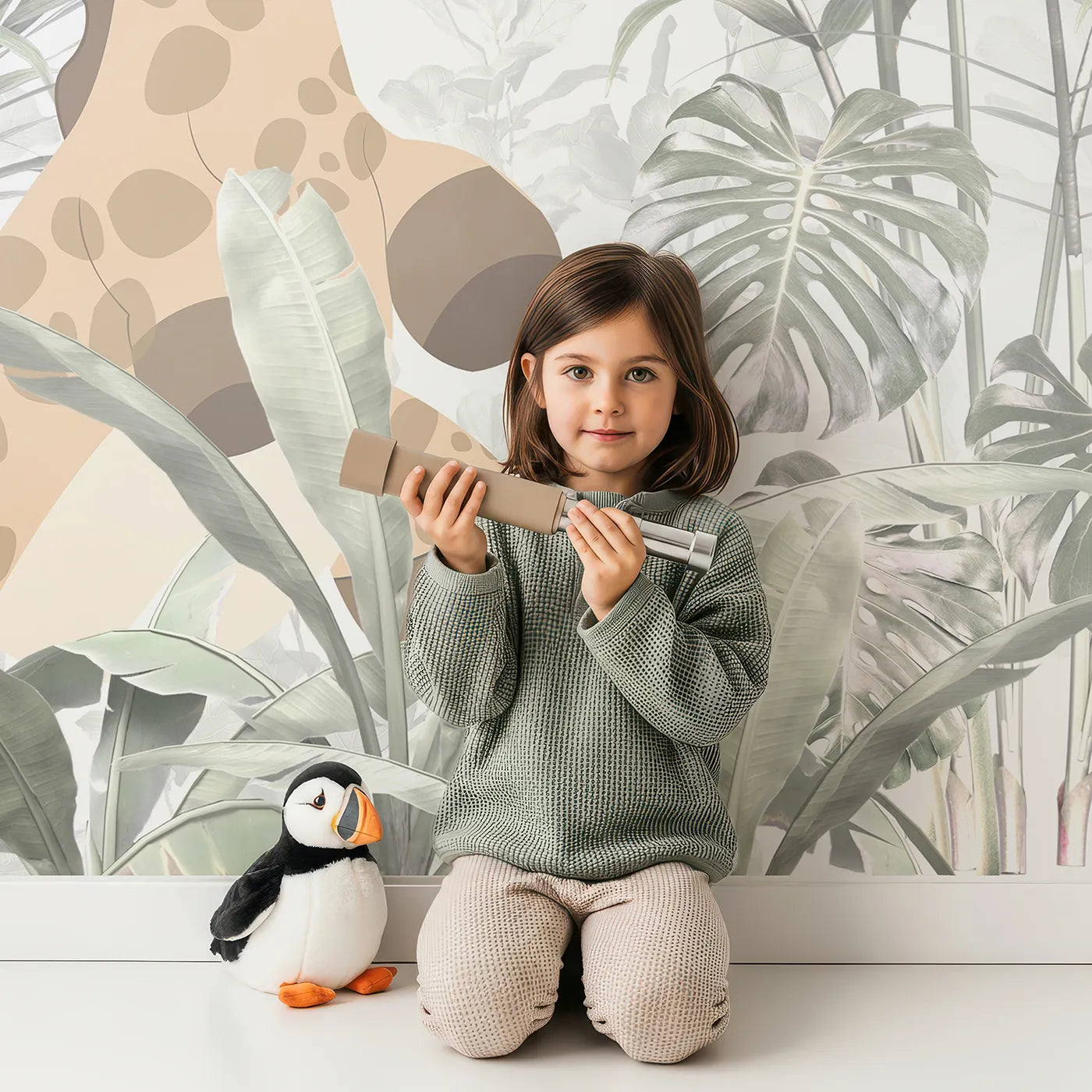 Child in front of Whimsy Tots Jungle Friends Hide and Seek Wall Mural with safari, jungle, animal, cute, leaf, green, hide and seek, gentle in design.