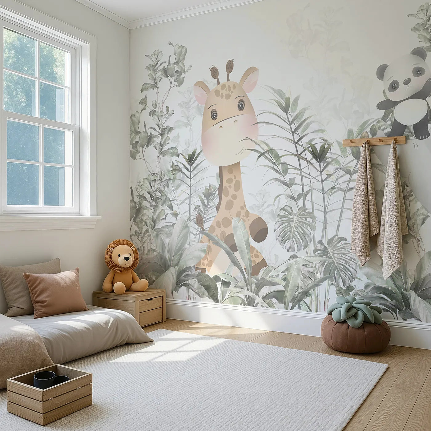 Angled view of Whimsy Tots' Jungle Friends Hide and Seek Wall Mural (Turn Their Room into a Gentle, Leafy Game of Hide-and-Seek).Gender-Neutral