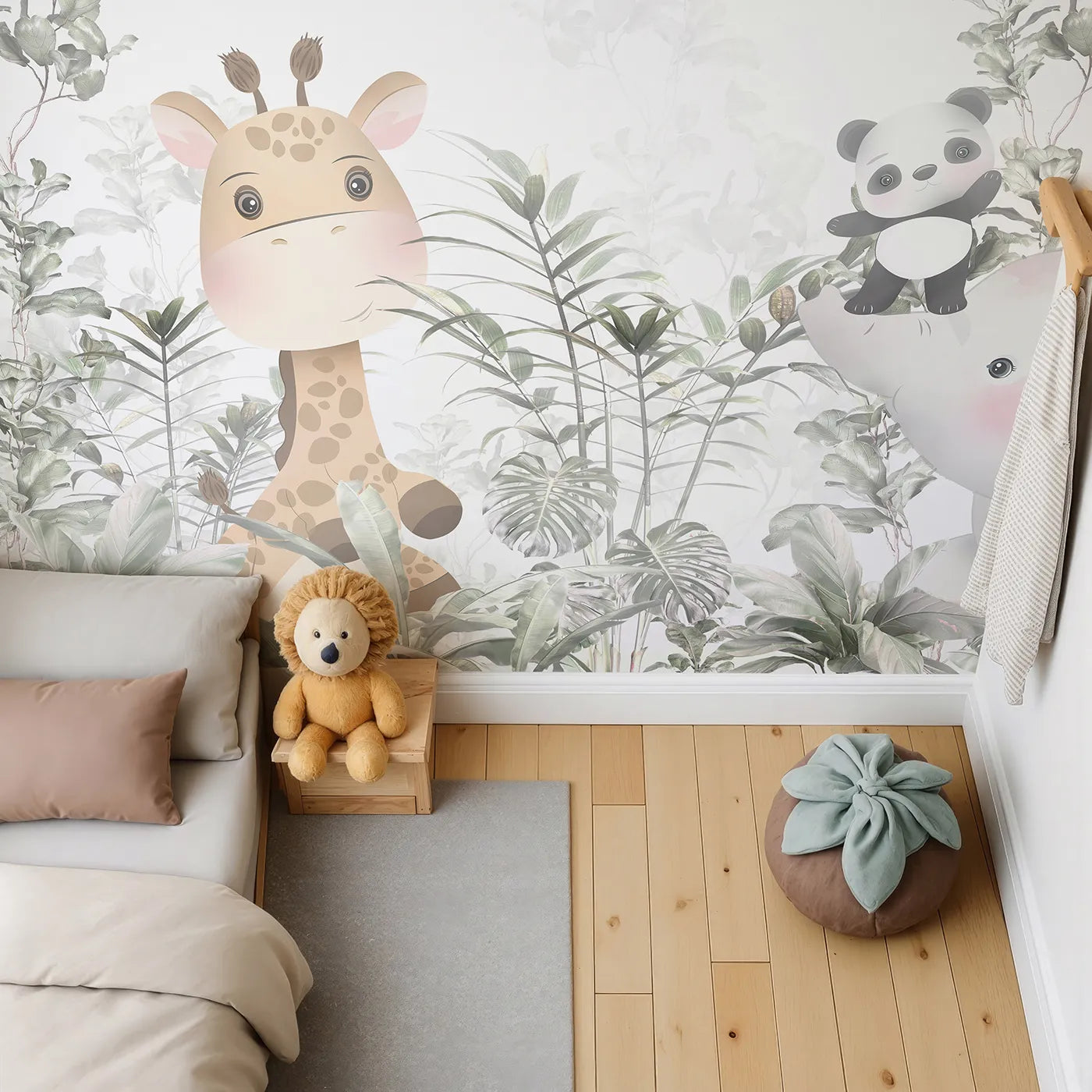 Top-down view of Whimsy Tots' Jungle Friends Hide and Seek Wall Mural (Turn Their Room into a Gentle, Leafy Game of Hide-and-Seek).Gender-Neutral