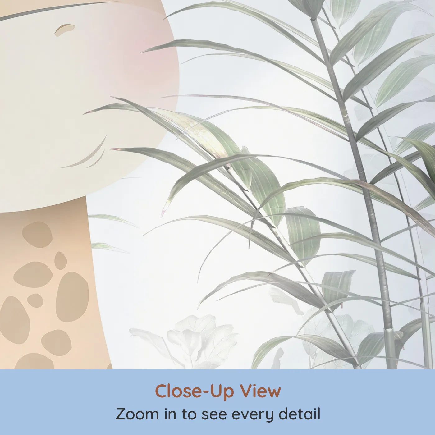 Close-up view of Whimsy Tots' Jungle Friends Hide and Seek Wall Mural (Turn Their Room into a Gentle, Leafy Game of Hide-and-Seek).Gender-Neutral