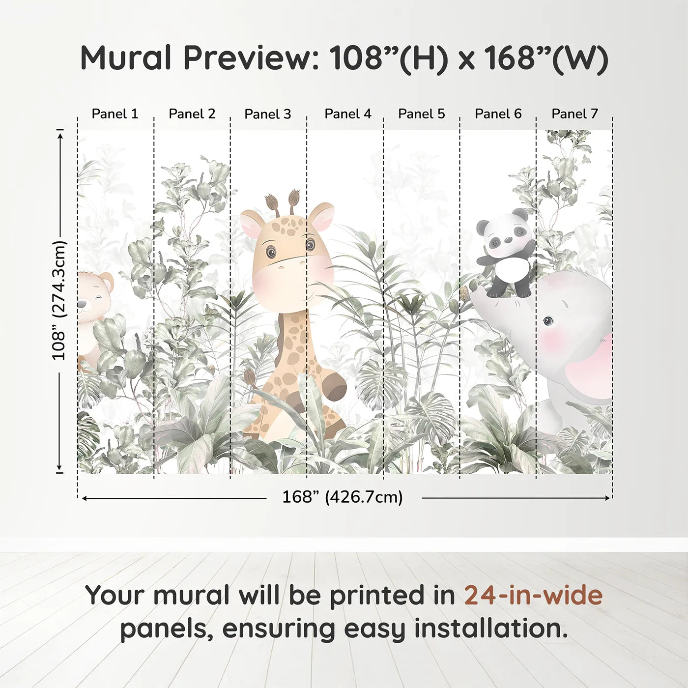 Whimsy Tots Jungle Friends Hide and Seek Wall Muraldimension view (108" H x 168" W). Printed in seven 24-inch-wide panels. Gender-Neutral