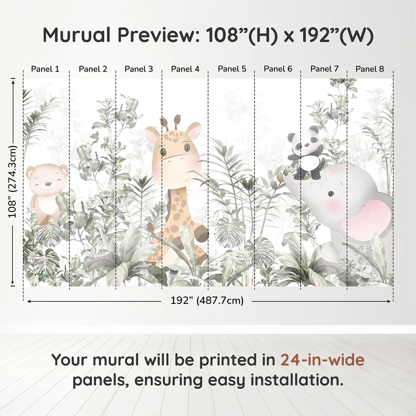 Whimsy Tots Jungle Friends Hide and Seek Wall Muraldimension view (108" H x 192" W). Printed in eight 24-inch-wide panels. Gender-Neutral