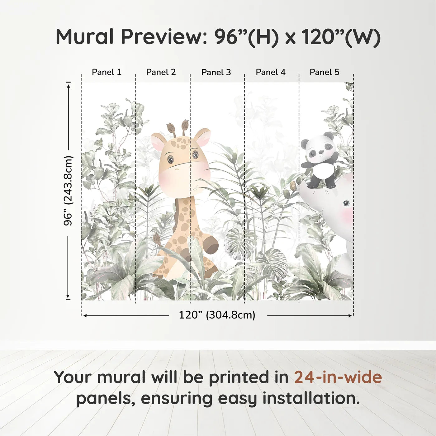 Whimsy Tots Jungle Friends Hide and Seek Wall Muraldimension view (96" H x 120" W). Printed in five 24-inch-wide panels. Gender-Neutral