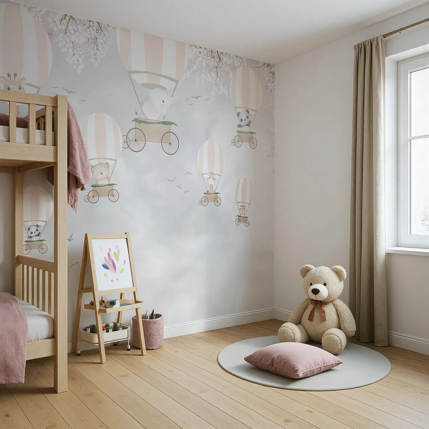 Angled view of Whimsy Tots' Springtime Balloon Festival Wall Mural (Turn Their Room into a Cheerful, High-Flying Celebration).Gender-Neutral