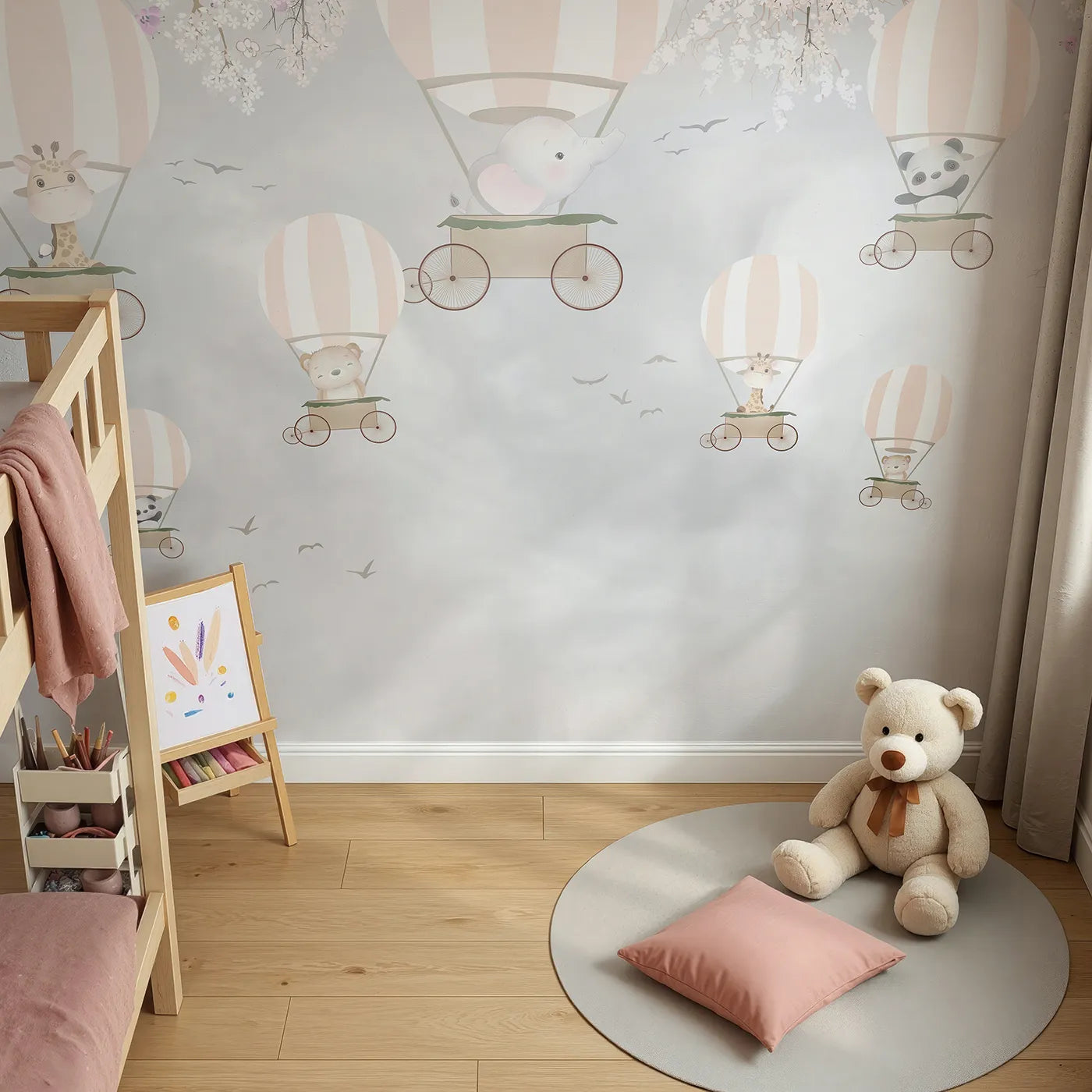 Top-down view of Whimsy Tots' Springtime Balloon Festival Wall Mural (Turn Their Room into a Cheerful, High-Flying Celebration).Gender-Neutral