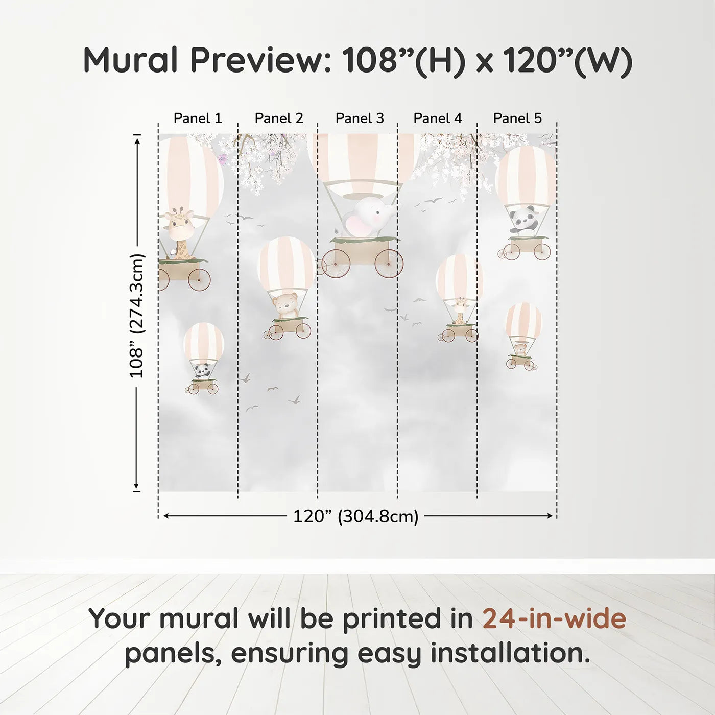 Whimsy Tots Springtime Balloon Festival Wall Muraldimension view (108" H x 120" W). Printed in five 24-inch-wide panels. Gender-Neutral