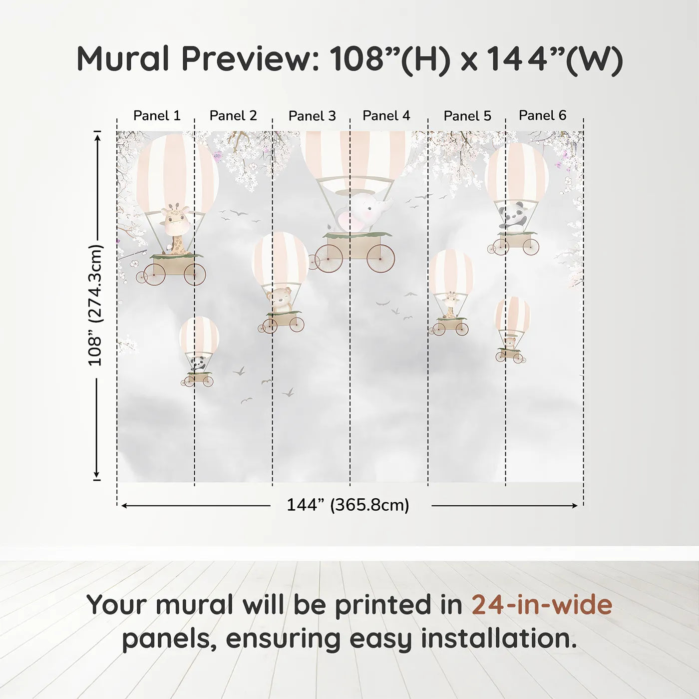 Whimsy Tots Springtime Balloon Festival Wall Muraldimension view (108" H x 144" W). Printed in six 24-inch-wide panels. Gender-Neutral