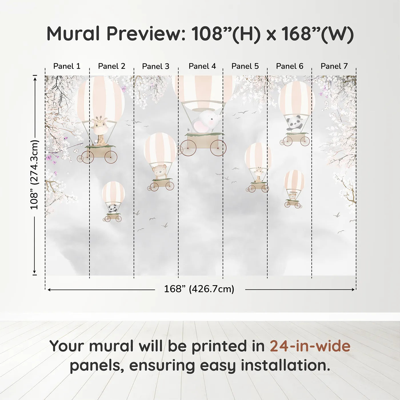 Whimsy Tots Springtime Balloon Festival Wall Muraldimension view (108" H x 168" W). Printed in seven 24-inch-wide panels. Gender-Neutral