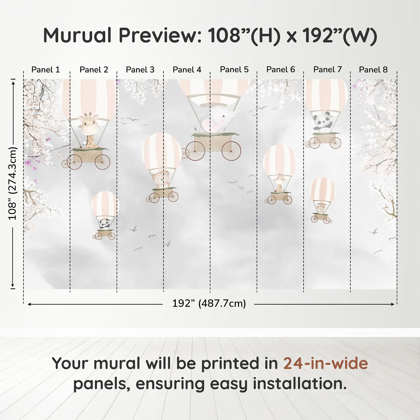 Whimsy Tots Springtime Balloon Festival Wall Muraldimension view (108" H x 192" W). Printed in eight 24-inch-wide panels. Gender-Neutral