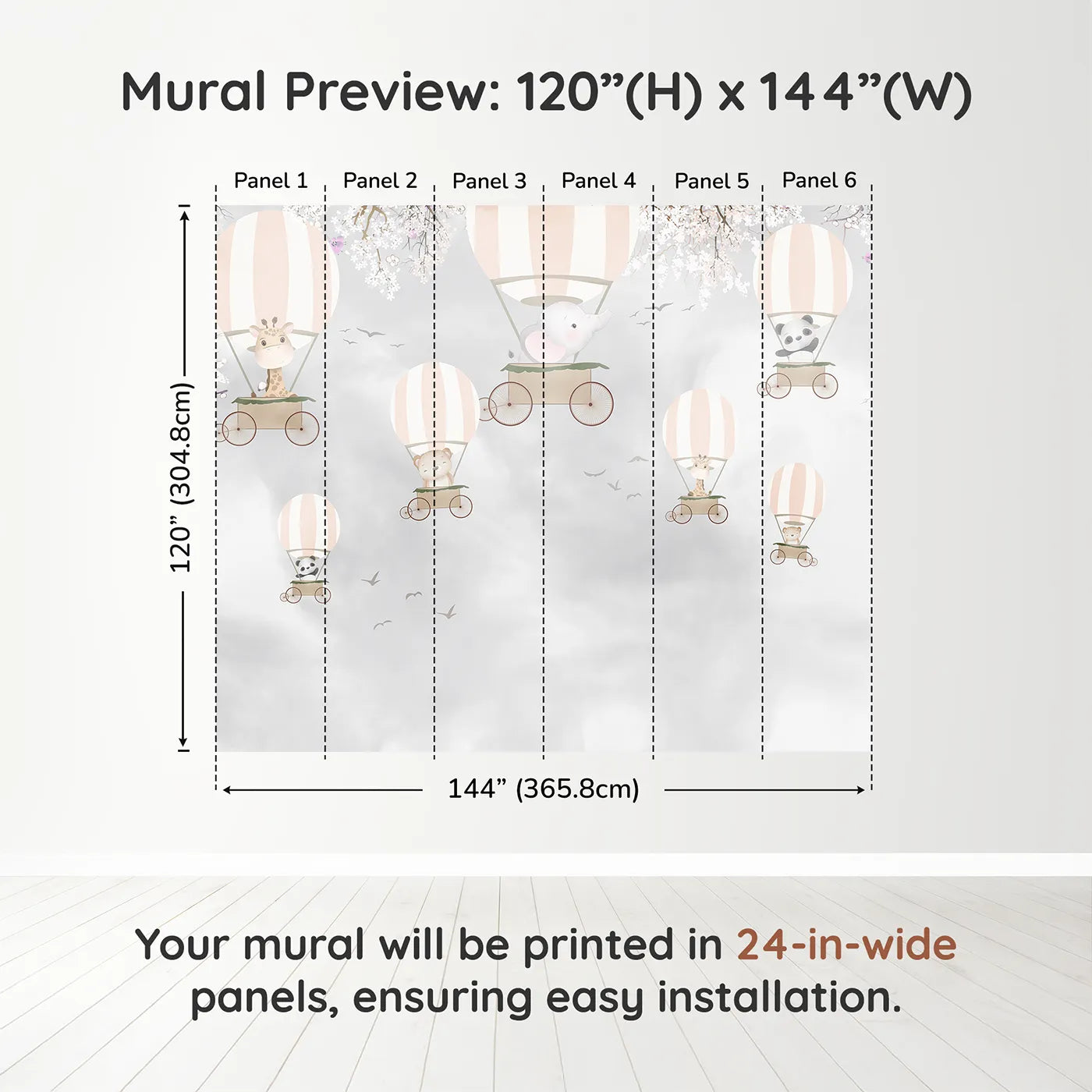 Whimsy Tots Springtime Balloon Festival Wall Muraldimension view (120" H x 144" W). Printed in six 24-inch-wide panels. Gender-Neutral