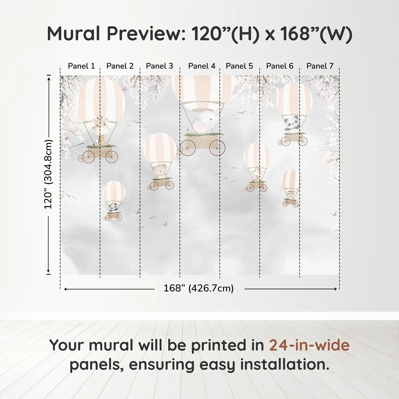 Whimsy Tots Springtime Balloon Festival Wall Muraldimension view (120" H x 168" W). Printed in seven 24-inch-wide panels. Gender-Neutral