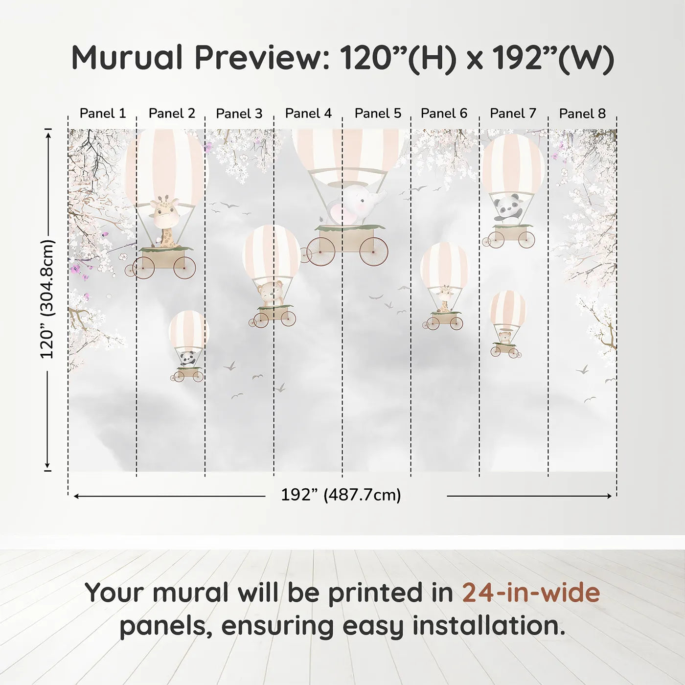 Whimsy Tots Springtime Balloon Festival Wall Muraldimension view (120" H x 192" W). Printed in eight 24-inch-wide panels. Gender-Neutral