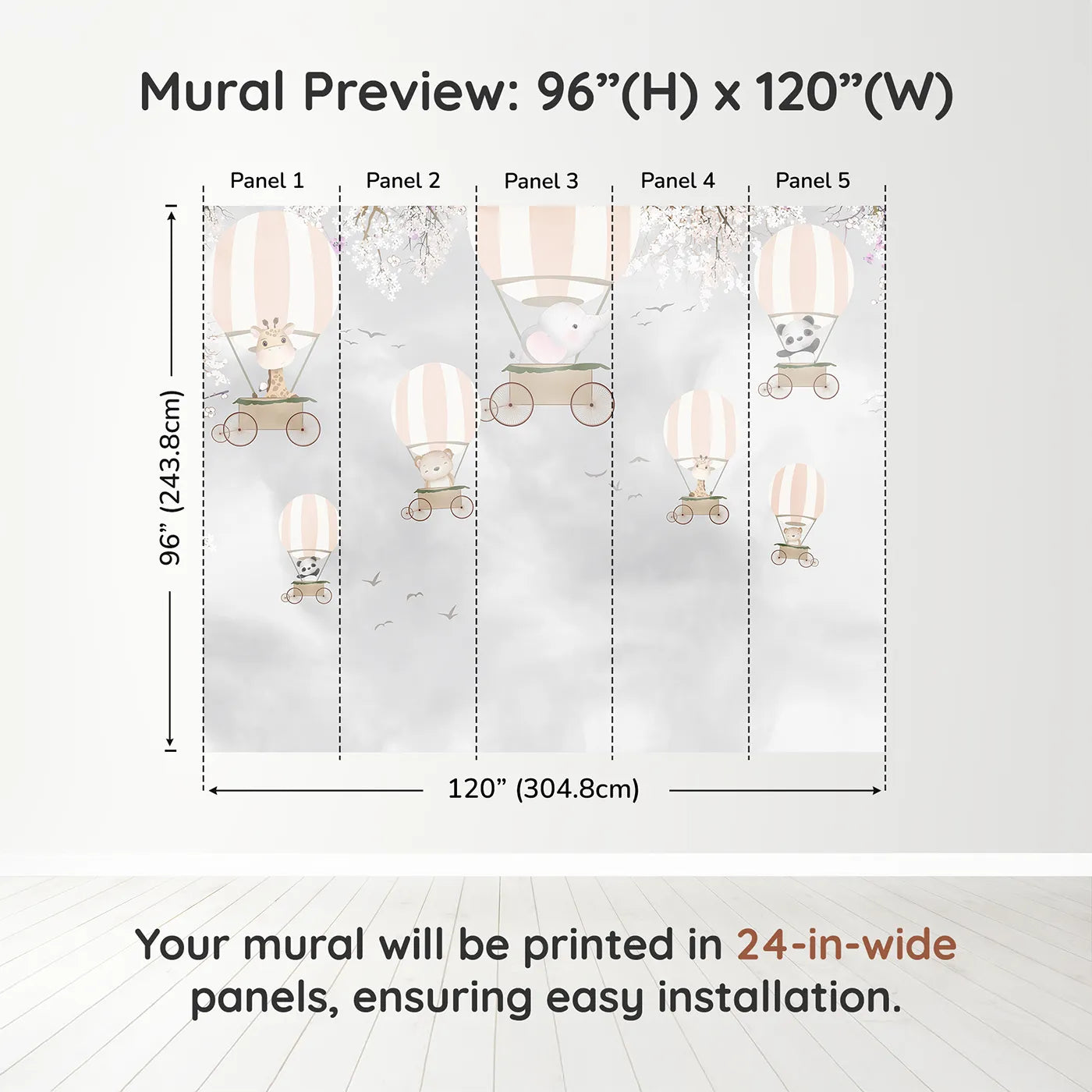 Whimsy Tots Springtime Balloon Festival Wall Muraldimension view (96" H x 120" W). Printed in five 24-inch-wide panels. Gender-Neutral