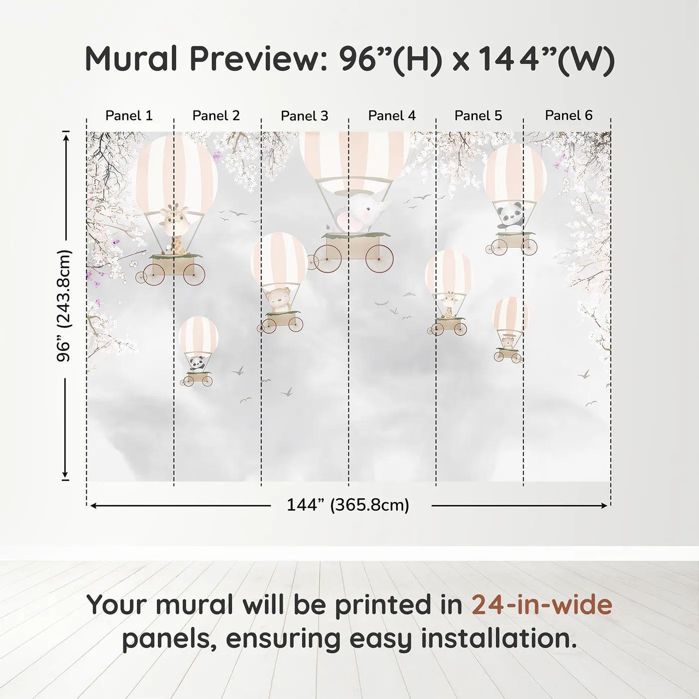 Whimsy Tots Springtime Balloon Festival Wall Muraldimension view (96" H x 144" W). Printed in six 24-inch-wide panels. Gender-Neutral