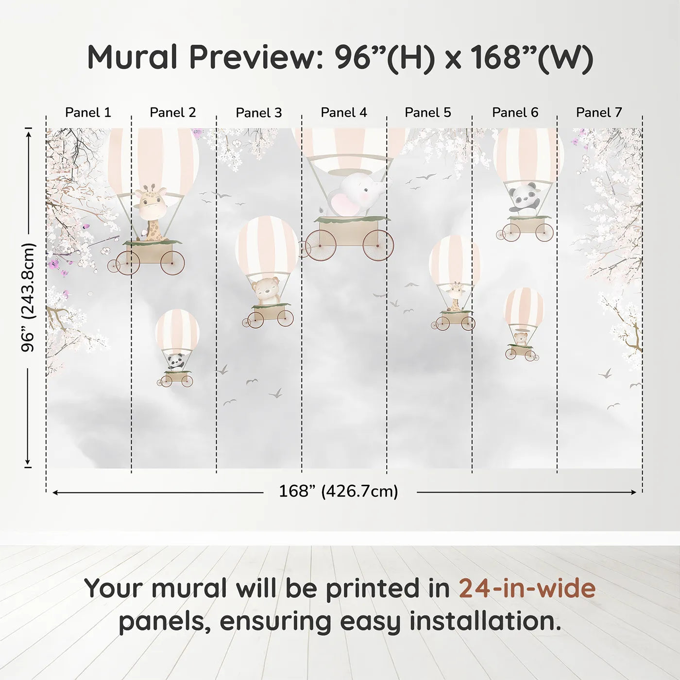 Whimsy Tots Springtime Balloon Festival Wall Muraldimension view (96" H x 168" W). Printed in seven 24-inch-wide panels. Gender-Neutral