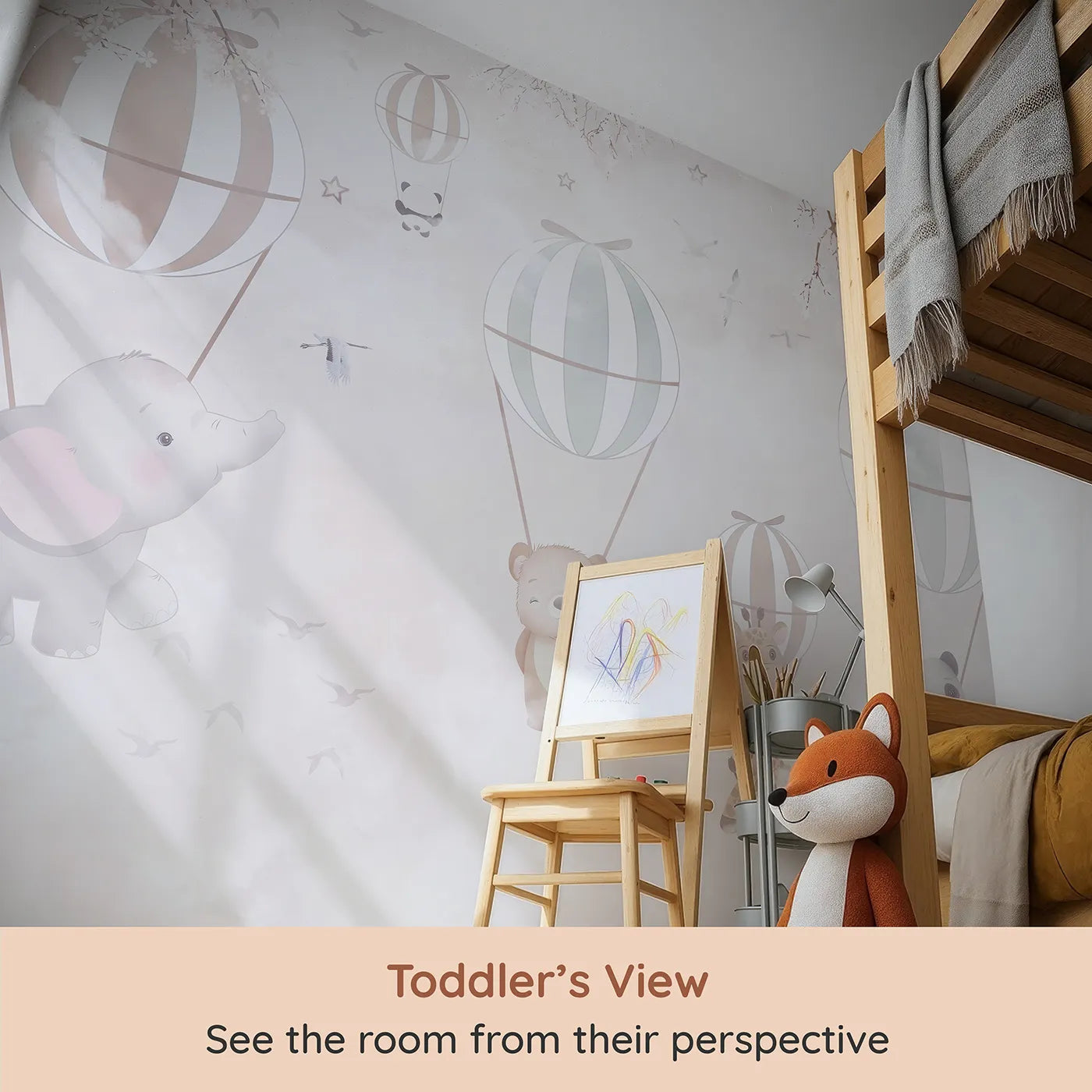 Whimsy Tots Pastel Balloon Adventure Wall Mural (Turn Their Room into the Sweetest Sky-High Parade) from your child's view.Best for Girls