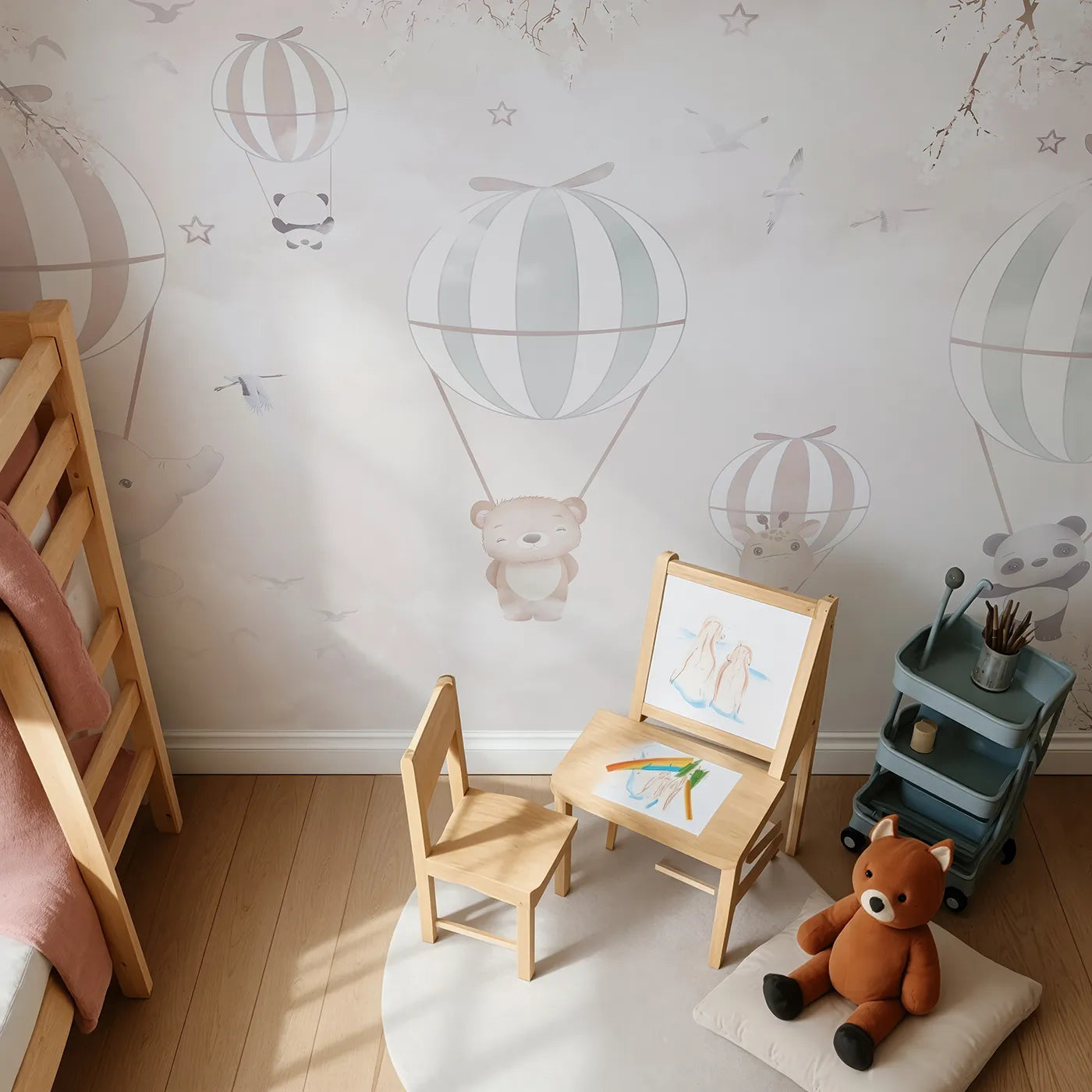 Top-down view of Whimsy Tots' Pastel Balloon Adventure Wall Mural (Turn Their Room into the Sweetest Sky-High Parade).Best for Girls