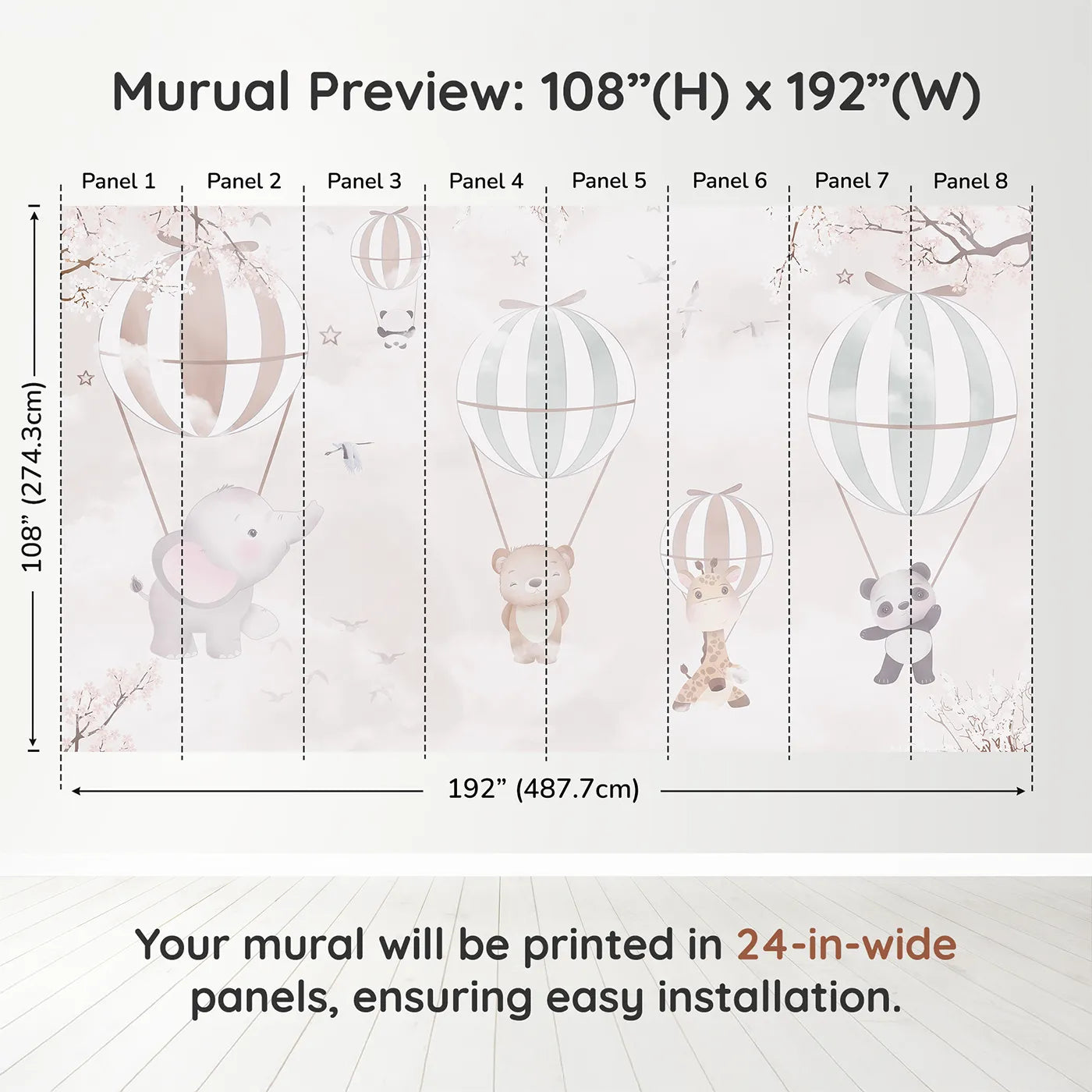 Whimsy Tots Pastel Balloon Adventure Wall Muraldimension view (108" H x 192" W). Printed in eight 24-inch-wide panels. Best for Girls