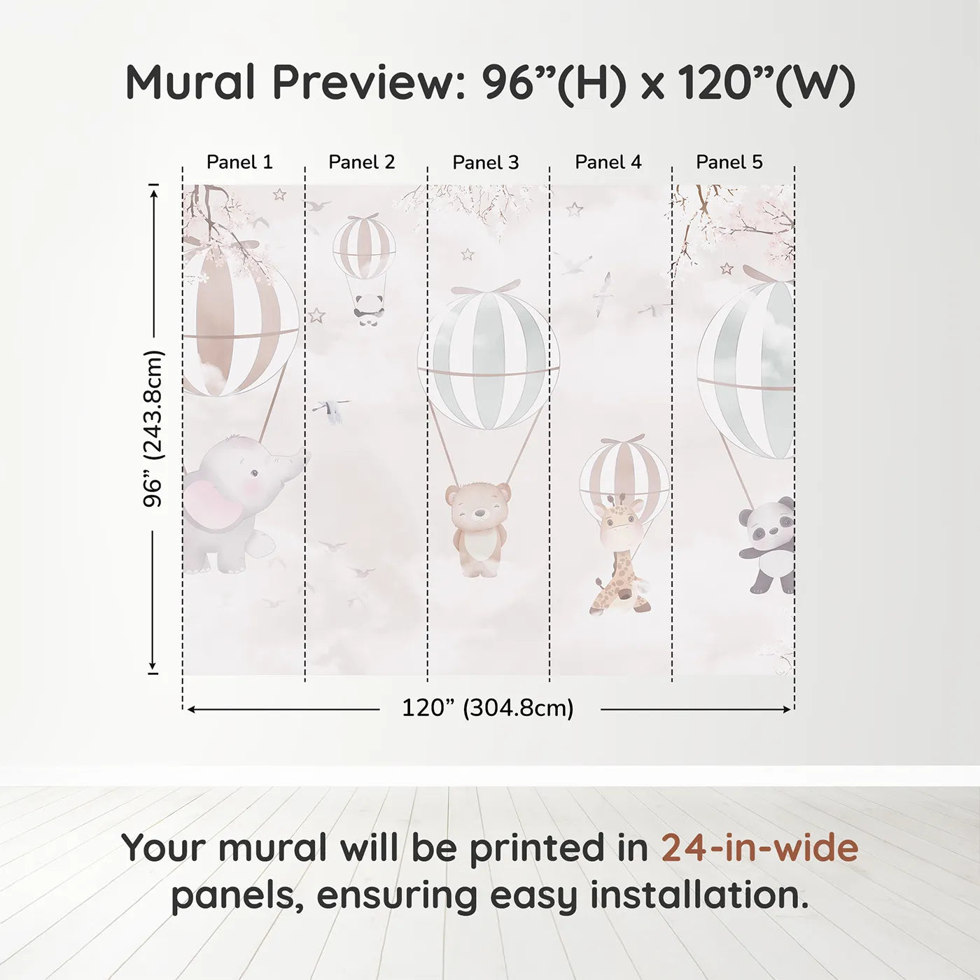 Whimsy Tots Pastel Balloon Adventure Wall Muraldimension view (96" H x 120" W). Printed in five 24-inch-wide panels. Best for Girls