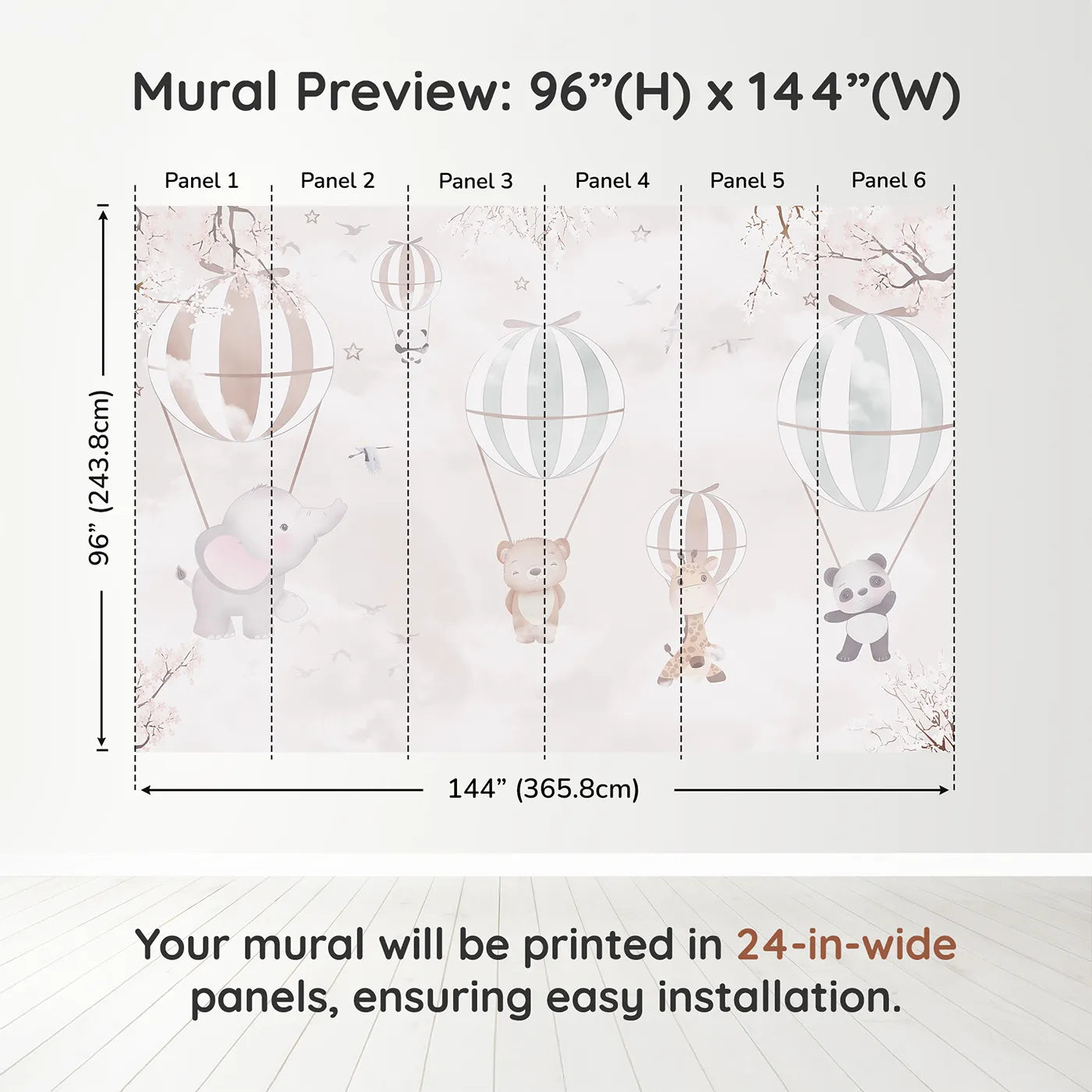 Whimsy Tots Pastel Balloon Adventure Wall Muraldimension view (96" H x 144" W). Printed in six 24-inch-wide panels. Best for Girls