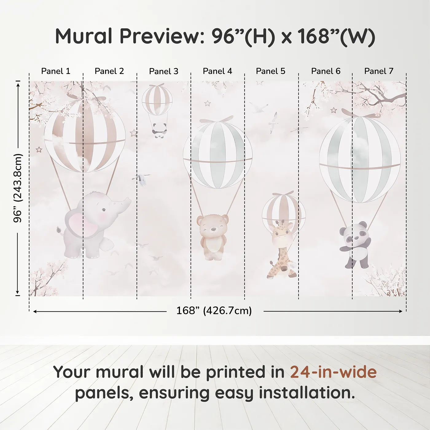 Whimsy Tots Pastel Balloon Adventure Wall Muraldimension view (96" H x 168" W). Printed in seven 24-inch-wide panels. Best for Girls