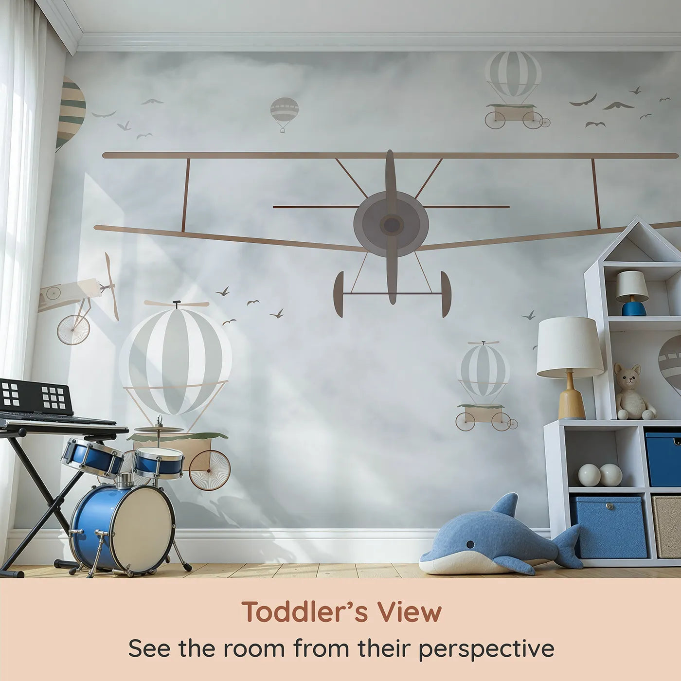 Whimsy Tots Vintage Sky Adventure Wall Mural (Turn Their Room into a Nostalgic, Cloudy Day of Flying) from your child's view.Gender-Neutral