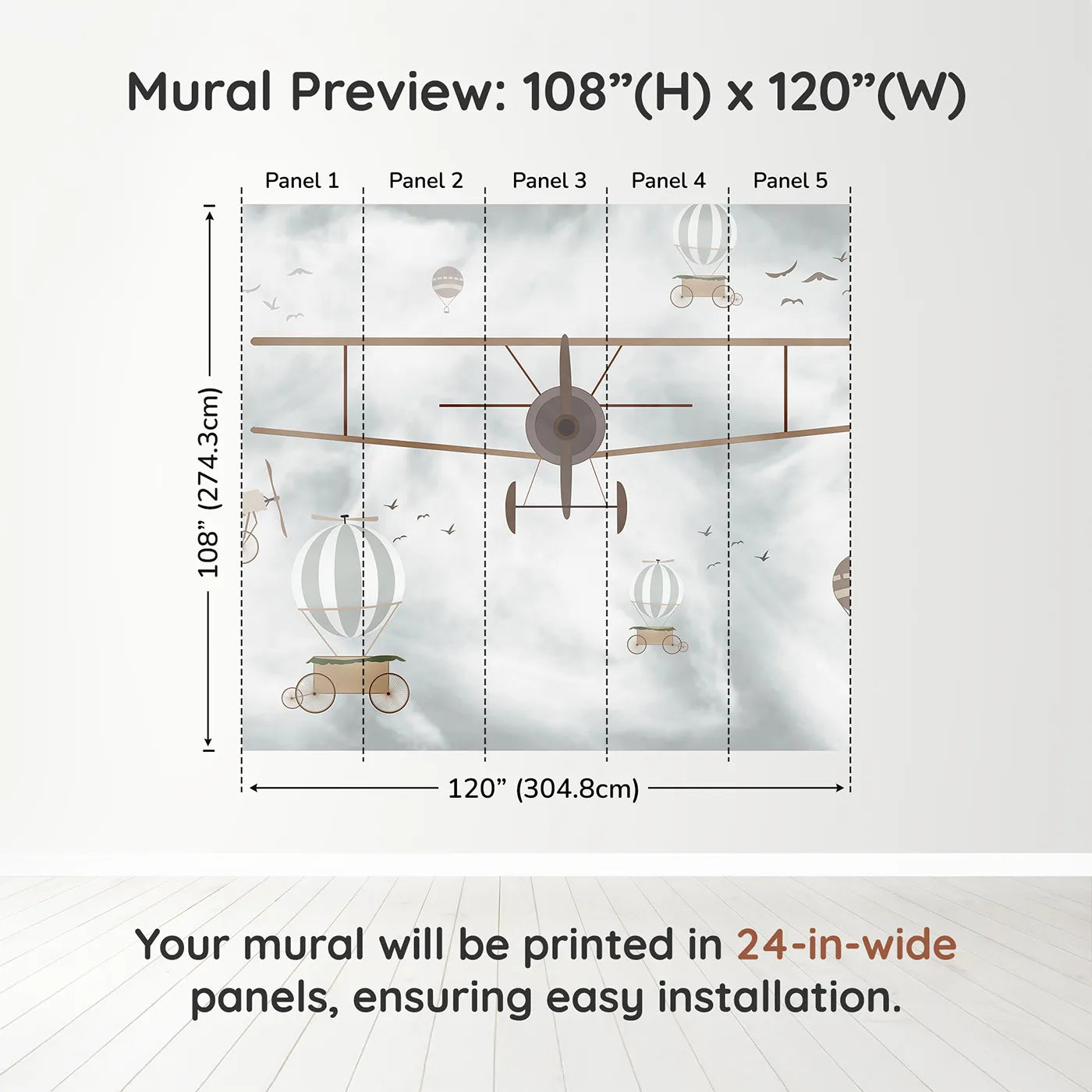 Whimsy Tots Vintage Sky Adventure Wall Muraldimension view (108" H x 120" W). Printed in five 24-inch-wide panels. Gender-Neutral