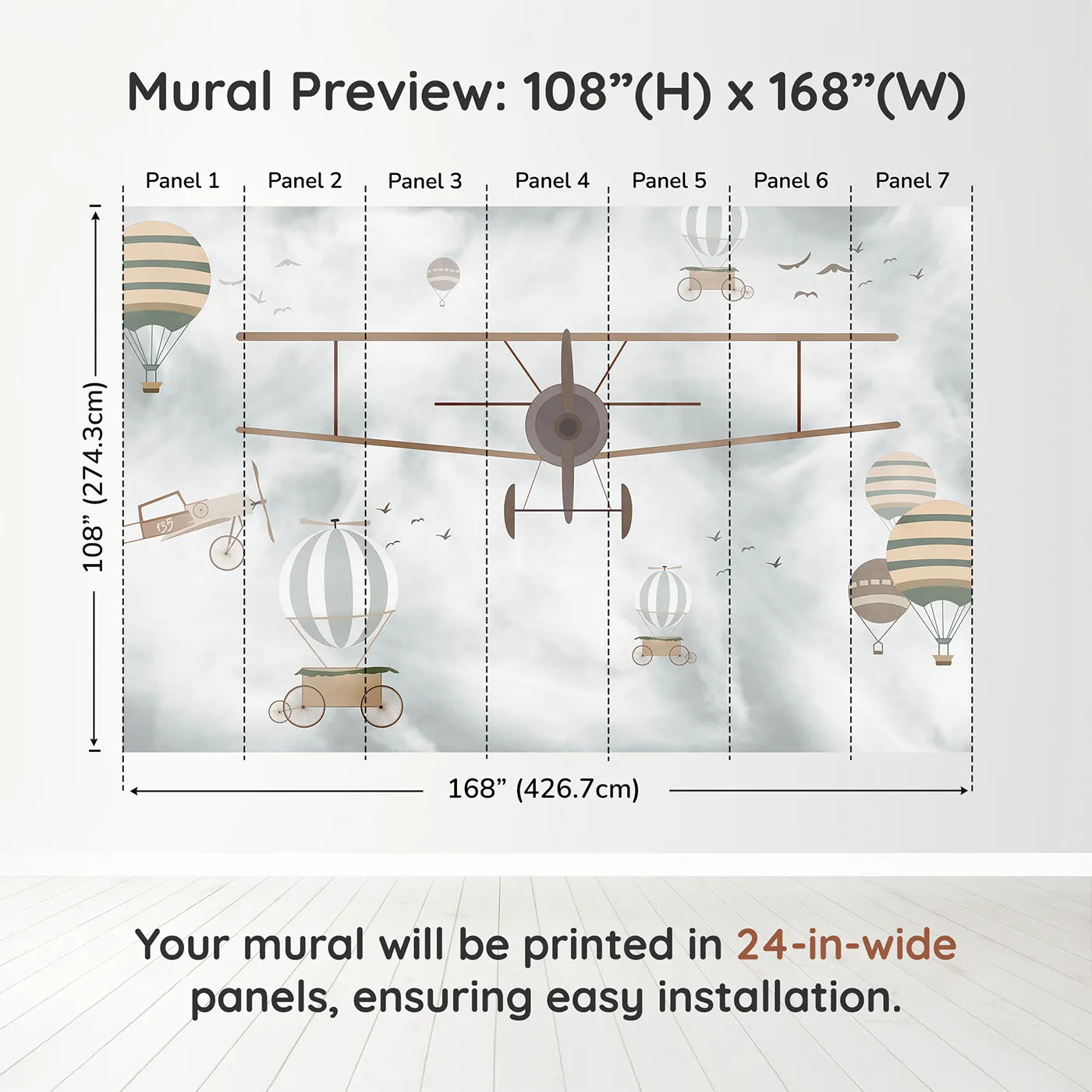 Whimsy Tots Vintage Sky Adventure Wall Muraldimension view (108" H x 168" W). Printed in seven 24-inch-wide panels. Gender-Neutral