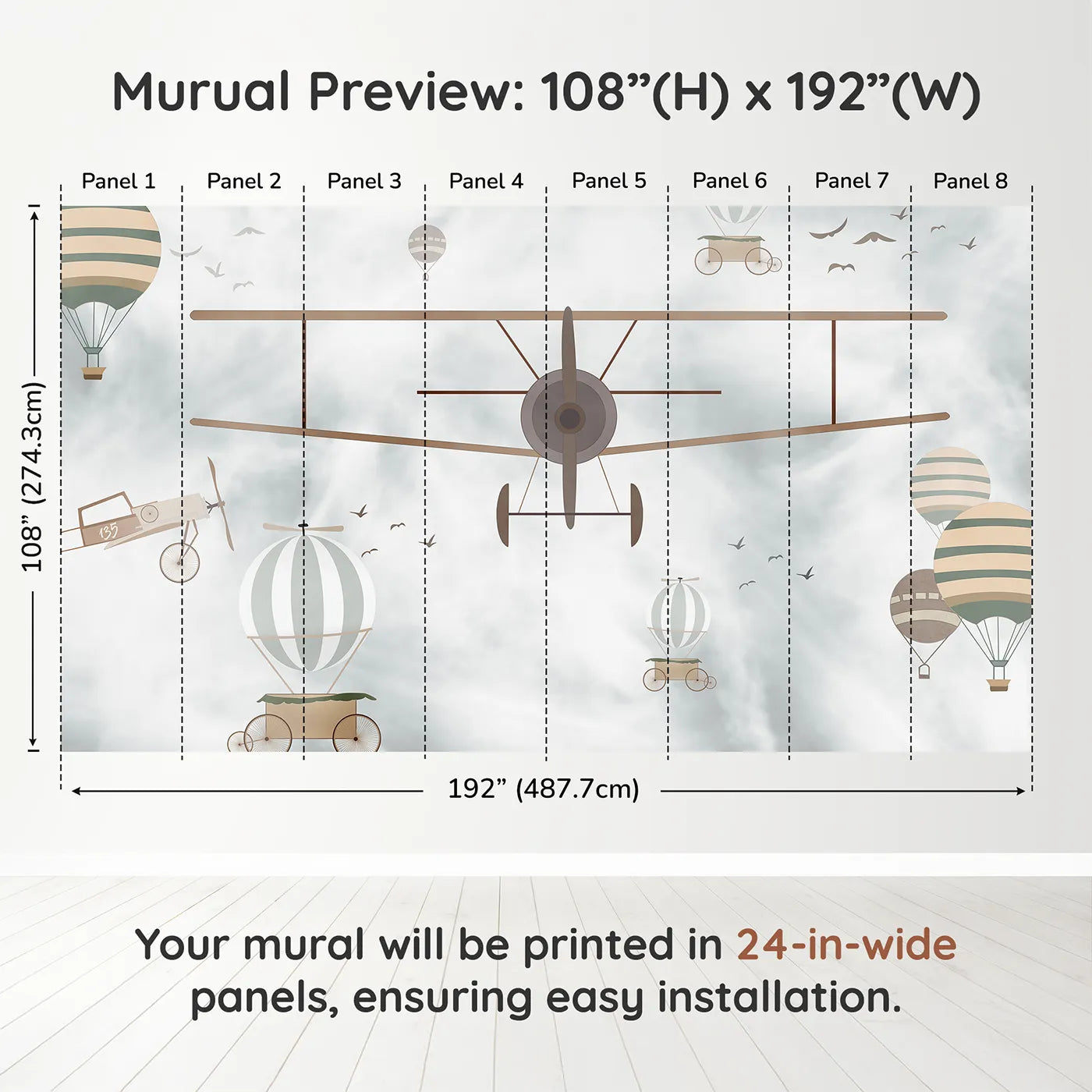 Whimsy Tots Vintage Sky Adventure Wall Muraldimension view (108" H x 192" W). Printed in eight 24-inch-wide panels. Gender-Neutral