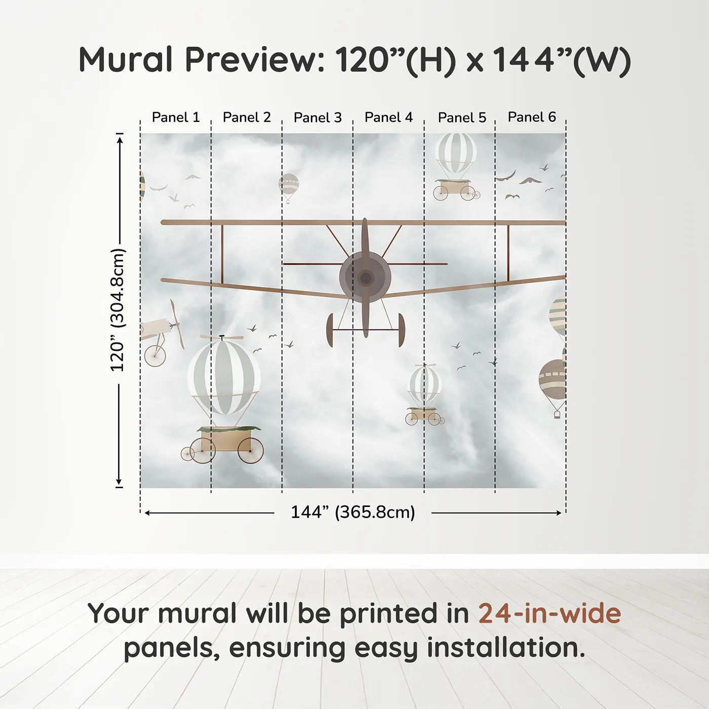 Whimsy Tots Vintage Sky Adventure Wall Muraldimension view (120" H x 144" W). Printed in six 24-inch-wide panels. Gender-Neutral