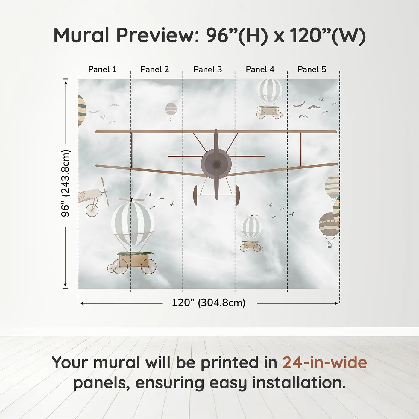 Whimsy Tots Vintage Sky Adventure Wall Muraldimension view (96" H x 120" W). Printed in five 24-inch-wide panels. Gender-Neutral