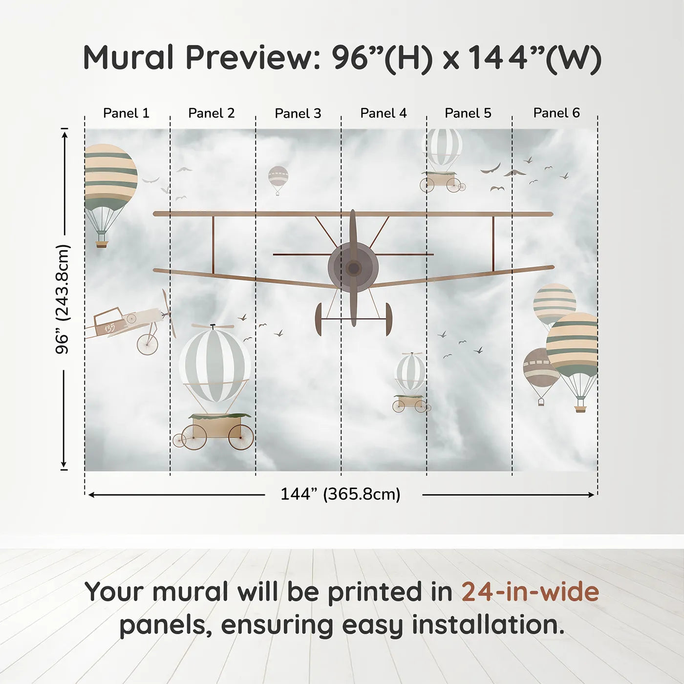 Whimsy Tots Vintage Sky Adventure Wall Muraldimension view (96" H x 144" W). Printed in six 24-inch-wide panels. Gender-Neutral