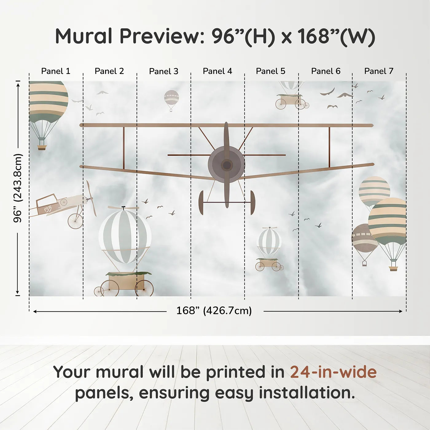 Whimsy Tots Vintage Sky Adventure Wall Muraldimension view (96" H x 168" W). Printed in seven 24-inch-wide panels. Gender-Neutral