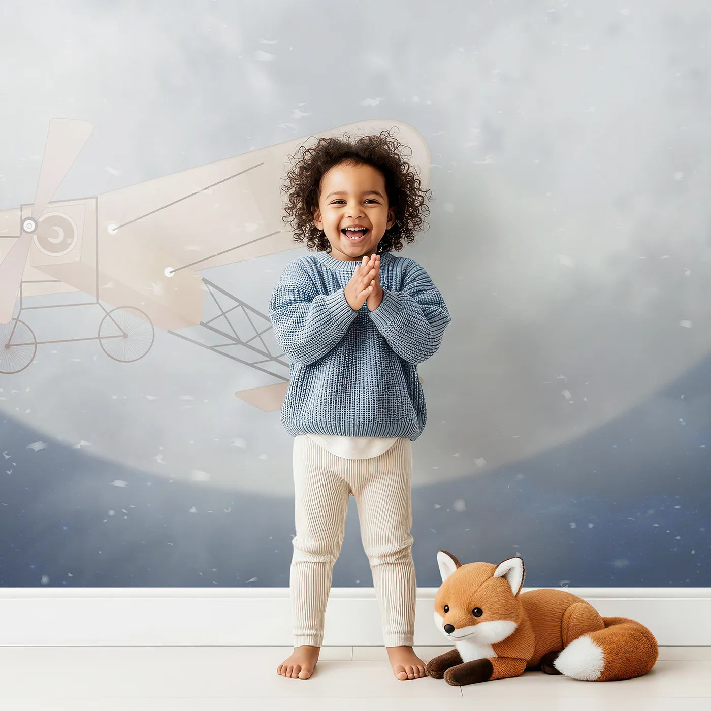 Child in front of Whimsy Tots Moonlit Flight Wall Mural with airplane, moon, night, vintage, snow, sky, flight, retro in design.